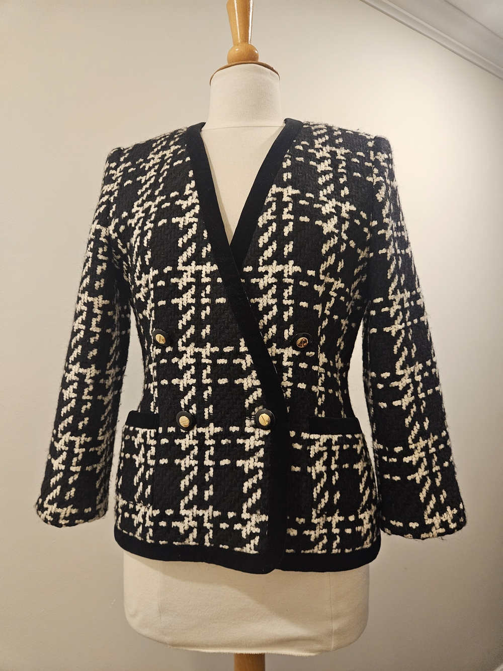 Escada Black and Cream Tweed Double-Breasted Blazer